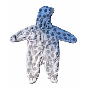 Carters Baby 3M Penguin Fleece Pram Suit Hooded Bunting White Gray Footed Romper